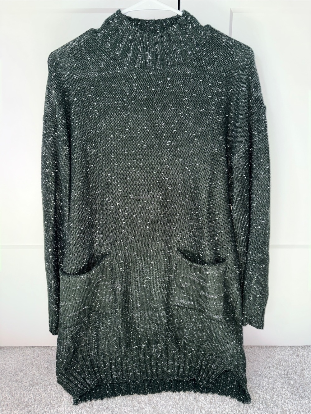 Cozy Speckled Knit Tunic Sweater Dress - Dark Green